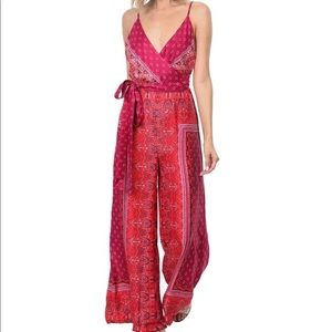 Hot pink boho print jumpsuit, Free People size 6.